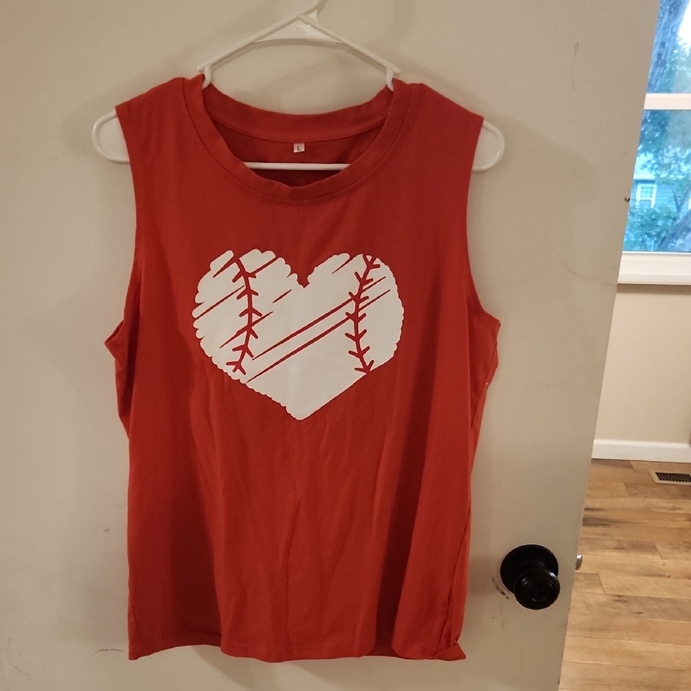 Red Sleeveless Top with Baseball Heart Design